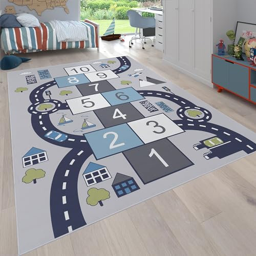 Paco Home Kinder-Teppich Für Kinderzimmer, Spiel-Teppich Mit Hüpfkästchen und Straßen rutschfest Grau, Grösse:240x340 cm