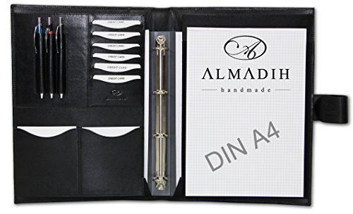 ALMADIH Leder A4 Konferenzmappe mit herausnehmbarem Ringbuch Schreibblock aus Premium Rindsleder Schwarz Ledermappe Mappe Aktenmappe Dokumentenmappe Schreibmappe Organizer Terminplaner (A4 Konf SCH)