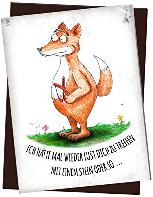 Kühlschrankmagnet mit Fuchs mit Zwille Motiv und Spruch: Hätte Lust Dich zu treffen - mit einem Stein oder so