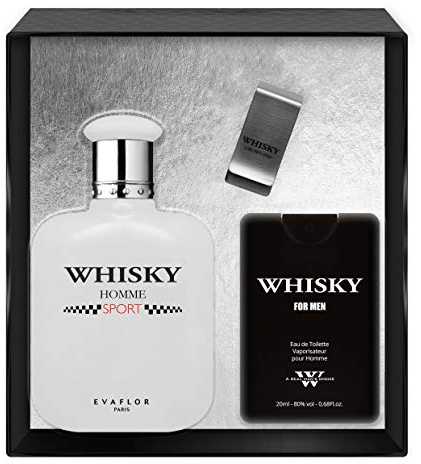 EVAFLORPARIS Whisky Sport Coffret pour Homme Eau de Toilette 100 ml + Parfum de Voyage 20 ml + Money Clip Vaporisateur Spray Parfum Homme 120 ml