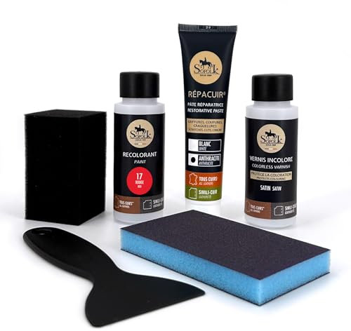 SOFOLK DEPUIS 1989 Kit Rénovation Cuir 21 Couleurs : Réparation + Peinture Cuir + Vernis pour Volant ou retouche de siège Auto, Chaise, sellerie, Blouson, Veste, Chaussure, etc (17-Rouge)