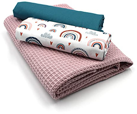 VmG-Store Waffelpique + Baumwollstoff Set farblich abgestimmt Waffel Stoff 100% Baumwollstoff Tex Standard 100 (Regenbögen Pastell Weiß Set02)