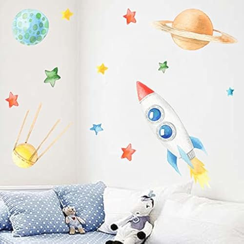 CreateHome® Aufkleber Weltraum Rakete für Kinderzimmer I 154 x 85 cm (BxH) groß I Junge Planeten Wandbild Wandtattoo Sticker Weltall Space Jungen Deko Wandfolie Decoration teenager selbst aufkleben