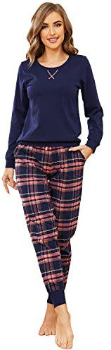 Mnemo Pyjama Femme Ensemble à Carreaux Coton Manches Longues, Bleu-Rose avec Fil d'Or, M