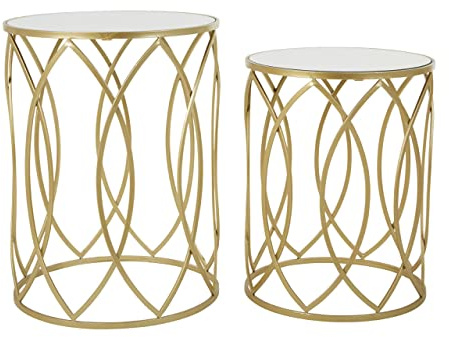 Premier Housewares Set of 2 Champagne Finish Side Tables, Lamp Tables, Champagne Finish, Sturdy Iron Frame, Openframe Structure, Round Reflective Mirrored Top, Dimensions are W43 x D43 x H55cm.