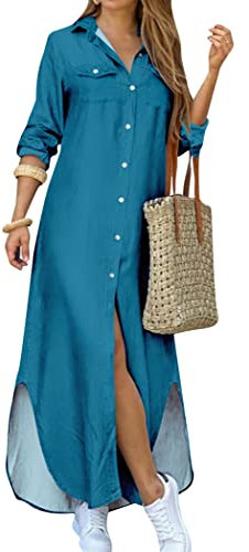 OMZIN Women's Rolled-Up Sleeve Button Down Shirt Lining Dresses Summer Casual Cover Ups with Pockets Peacock Blue M