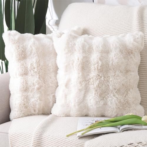 Madizz 2er Set Sanft Plüsch Kurze Wolle Samt Dekorativ Zierkissenbezüge Luxus Stil Kissenbezug für Sofa für Schlafzimmer Creme Weiß 45x45 cm