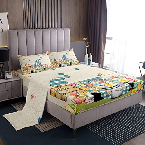 Spannbettlaken mit Tulpenmotiv, für Doppelbett, Schmetterlings-Blumenmuster, für Kinder, Jungen, Mädchen, Büffelkariert, Zwerg, Heimdekoration, Frühlingsgarten, botanisch, für alle Jahreszeiten, 1