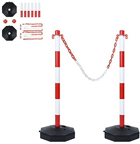 Froadp Absperrpfosten 2 Stück Kettenpfosten Set Kettenständer aus Kunststoff 82x28x28cm Sperrpfosten mit 2x 1,4m Kunststoffketten Absperrung Poller für Einfahrten Garagen Tore (Rot+Weiß)