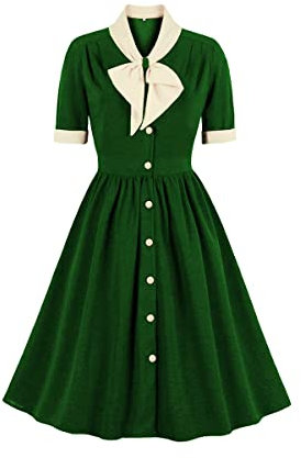 IBTOM CASTLE Elegant Party Dress for Women, Short Sleeve A-line Vintage Dress Fit and Flared Cocktail Dress Retro Bow Tie Swing Dresses with Belt for Wedding Guest Summer Tea Party Green+Yellow XXL