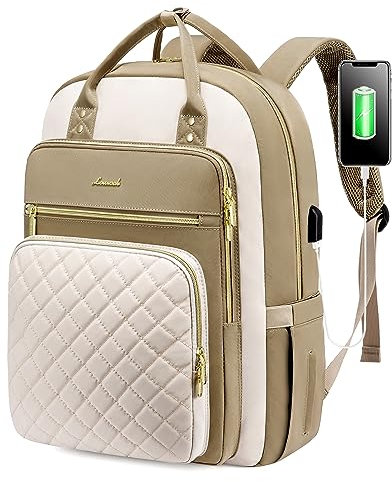 LOVEVOOK Laptop Backpack Women 15.6 Inch, Backpacks Womens, Rucksack Bag for College Work Travel University, Ladies Lightweight Commuter Bags with USB Port, Beige Khaki