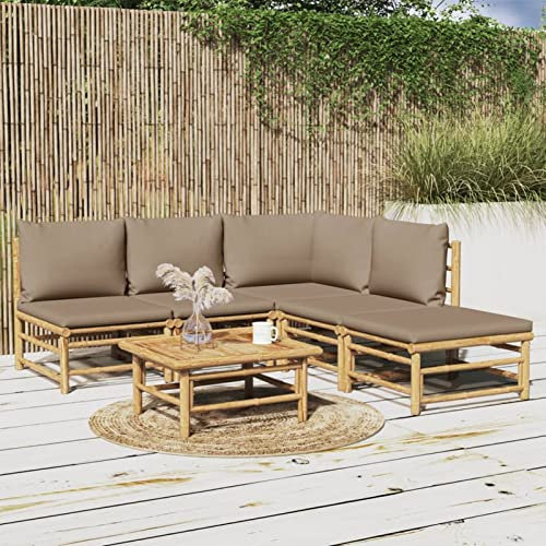 Yolola Gartenmöbel Set Bambus Gartenlounge mit Taupe Kissen Loungemöbel Terrasse Garten Lounge Sofa Outdoor Couch Ecksofa Garten Set Sitzgruppe Garten Sofagarnitur Lounge Set Terassenmöbel 6-TLG