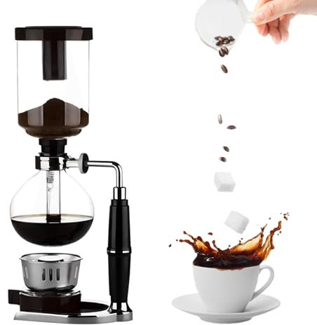 Jenngaoo 3 Cup Borosilicate Glass Siphon Coffee Maker with Stainless Steel Base & Anti-Scald Handle, Halogen/Gas Stove Compatible Vacuum Pot for Manual Coffee Brewing