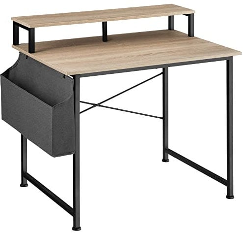 tectake® Bureau avec étagère et poche de rangement en tissu 120 x 60 x 110 cm Table bureau Style industriel Bureaux ordinateur Meuble pc Table de travail Meuble ordinateur Desk Teletravail, Bois clair