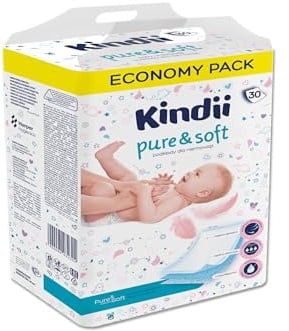 Kindii Pure & Soft Einweg-Babyeinlagen – (1x30 Stück) Wickelunterlagen – 60x40 cm, sanft zur Haut, saugfähig – 30 Stück