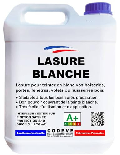 Lasure Blanche - Codeve Bois - 20 L - Intérieur/extérieur - Blanche De Décoration Pour Un Volet, Fenêtre, Porte Ou Bardage Bois.