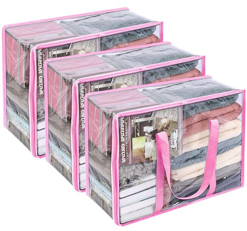 Vieshful 3 Pack Clear Storage Bags 40L Clothes Storage Bags with Zips Underbed Storage for Clothes, Duvet, Blankets, Toys Plastic Moving Bags Pink