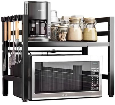 Estante Extensible de Microondas. Soporte para Encimera Ajustable. Estantería de Microondas, Horno, Utensilios de Acero. Organizador para Cocina con 4 Ganchos Incluidos (35-60cm, ancho ajustable)