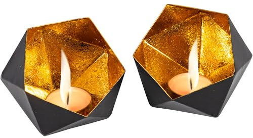 Gadgy Teelichthalter Schwarz Gold - Windlicht-Set 2-Pcs - Metall in Diamantform - Deko fur Esstisch & Wohndeko - Schwarz - 10 x 9 cm