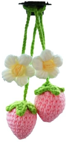 Zeayebsr 2 PCS autospiegel anhänger,Niedliche Erdbeere Auto hängende Ornament für Auto Rückspiegel Dekor Häkeln Auto Spiegel Hanging Charms Zubehör Blume Hand gestrickt Erdbeere Auto Dekor für Frauen