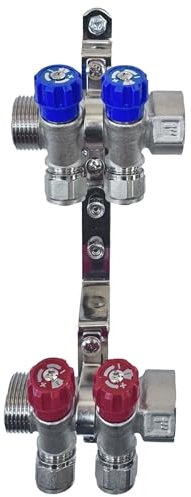 AQUA HEATING Wasserverteiler Set Verteiler Warmwasser Kaltwasser Trinkwasser Heizung Industrie Wasseranschluss Messing Vernickelt 1 Zoll 16x2 mm PEX 2 Wege Blau 2 Wege Rot