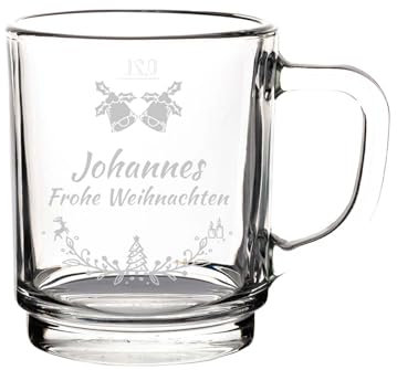 LUXENTU Glühweintassen mit personalisierter Gravur, Teegläser 250 ml, Geeichte Glasbecher bei 0,2 Liter, Großes Set für Gastronomie & Events, Motiv: Glockenkranz, 30 Stück