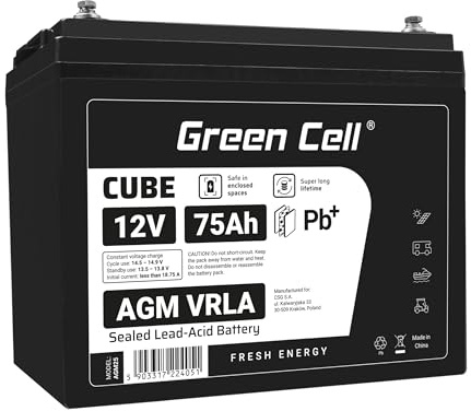 Green Cell AGM 12V 75Ah mit IP54 Akku Vlies Batterie VRLA Blei Batterie Bleiakku Ersatzakku Akkubatterie Versorgungsbatterie Zyklenfest Wartungsfrei Elektroboot Trolling-Motor Boot (12V 75Ah)