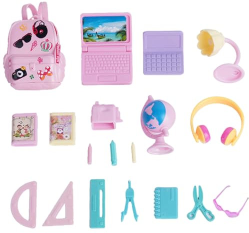 18Pcs Mini School Supplies Dollhouse, Including Tiny Backpack, Mini Laptop, Desk lamp, Stationery, Globe, Glasses, Headphones Doll House Accessories Set