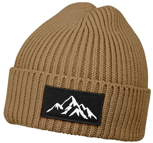 Neverless® Damen Beanie Outdoor Patch Berge Wnadern Aufdruck Print Wintermütze Strickmütze Frauen Hellbraun Unisize