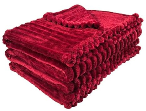 oceanevo Ribbed Cord Chunky Throw Fluffy Fleece Faux Fur Velvet Toch Plush Cozy Soft Blanket For Sofa Bed Settee Couch Chair (Burgundy, King- 200 X 240cm)