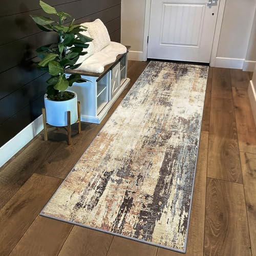 Siunwdiy Läufer Teppich Lang Braun Beige 70x140cm,Moderne Abstrakte Muster,Flur Läufer rutschfest Waschbar,Läuferteppich TeppichLäufer Küchen Korridor Polyester Anpassbar Meterware
