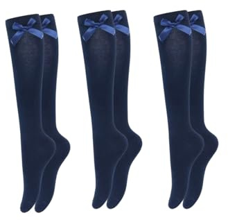 IVACHY Girls Knee High Socks with Satin Bow – 3-Pack | Soft Cotton Long Socks for School Uniforms, Parties & Daily Wear – Navy Blue