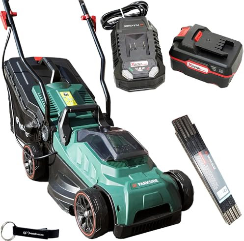 HEADNMORE® Bundle Parkside® - Tosaerba a batteria 20 V PARM 20 (con batteria da 4 Ah inclusa) con metro pieghevole + portachiavi