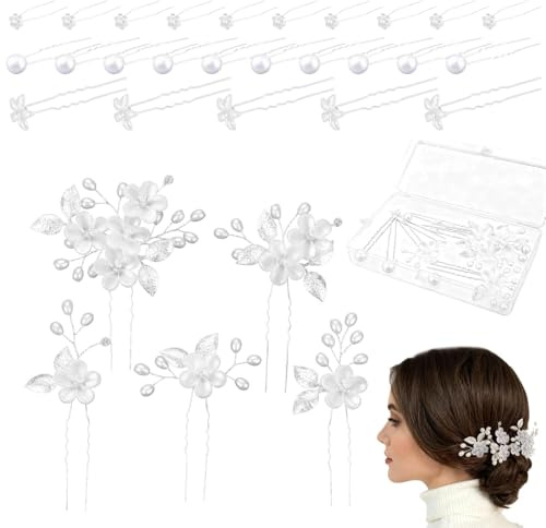 30 Pièces Bijoux Cheveux Mariage Épingles Perles Fleurs Strass Blanc Argent | Alliage Léger 4 Styles Boîte De Rangement Pour Chignons Cérémonies Soirées Adultes Tenue Stable Coiffures Élégante