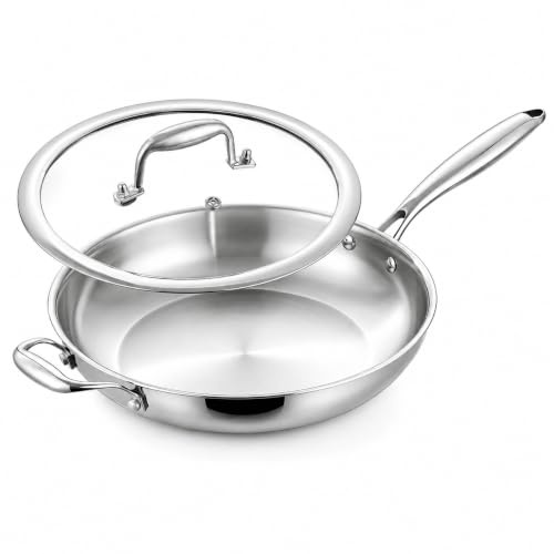 Nontoxicook 30cm 5-Ply Stainless Steel Frying Pan with Lid | Uncoated Skillet for Even Heating, Suitable for All Hobs Including Induction and Oven Safe to 315°C