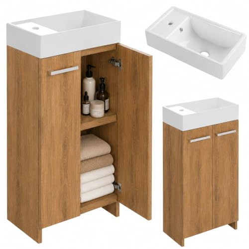 paplinskimoebel - Waschbecken mit Unterschrank 40cm Breit Malibu, Badezimmerschrank klein, Waschtisch mit Unterschrank, Badezimmermöbel für Gäste WC, Waschbeckenunterschrank Eiche Lancelot