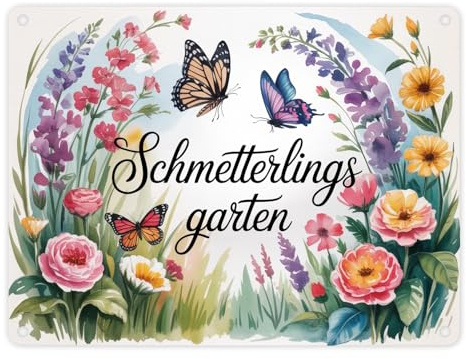 speecheese Metallschild in 15x20 cm Schmetterlinge im Cottage-Garten | Naturliebhaber Lustiges Schild für den Garten und Naturfreunde