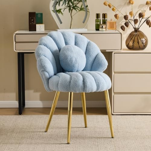 Bonnlo Schminktisch Stuhl, Muschel Sessel Wohnzimmer Modern Schminkstuhl aus Teddystoff mit Kissen Rückenlehne Golden Beinen, Ohrensessel bis 150 kg Vanity Chair für Schlafzimmer Kinderzimmer (Blau)