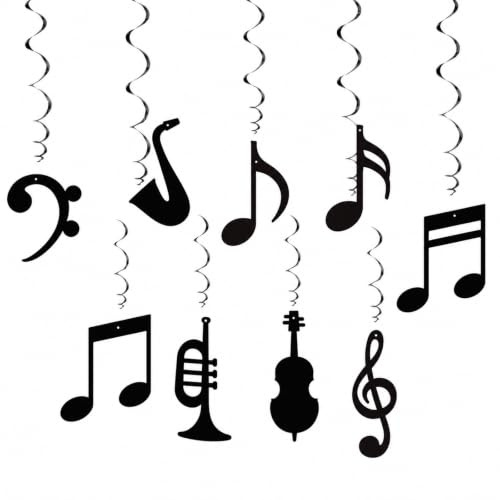 Ovanda Musiknoten Hängedeko 9 TLG Schwarz Noten Deko Geburtstag Party Set | Mit Notenschlüssel, Geige, Saxofon, Trompete und Spiralen für Musik Mottoparty, Konzert, Geburtstag, Hochzeit und Schule