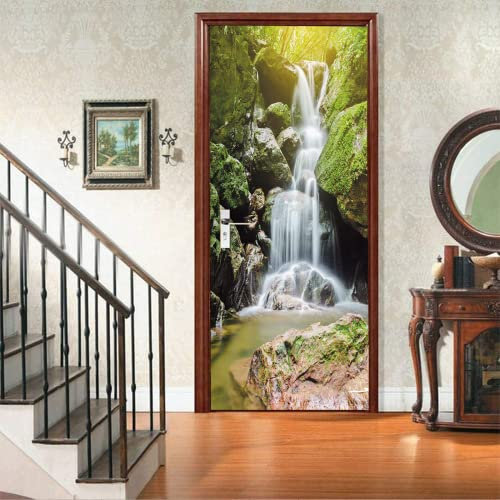 FLFK Cascade de Soleil Autocollant Porte Affiche 3D pour Cuisine Chambre Salle de Bain Auto-adhésif Amovible Murale Décoration 77X200cm
