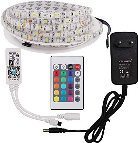 XUNATA LED WIfi Streifen, LED Stripes 5m RGBWW 5050 300Leds Flex Selbstklebend LED Band Full Kit Kompatibel mit Wifi Wireless Smart Phone Gesteuert (RGB+Warmweiß, Nicht wasserdicht IP20)