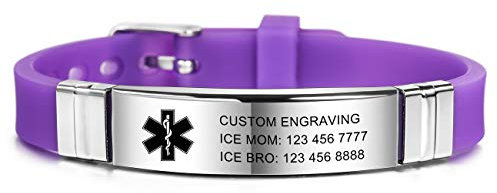 MOWOM Medical SOS Notfall Armband Personalisiertes Gravur Silikon Edelstahl Namensarmband Männer Damen Jungen Mädchen - Bündel mit Notfallkarte, Kartenhülle (Lila *Jetzt Anpassen*)