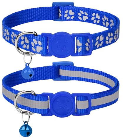 Taglory Collare Gatto Riflettente, 2 Pezzi Collari per Gatti Antistrozzo con Campanellino e Fibbia di Sicurezza, Stampa Zampa Carina 19-32cm Blu Scuro