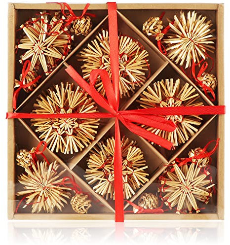 com-four® 56-teiliges Strohsterne Set - Christbaum-Schmuck - Stroh-Anhänger für den Weihnachtsbaum - natürlicher Christbaum-Behang - Weihnachtsdekoration - Ø 3-8 cm