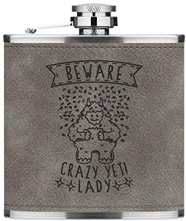 Beware Crazy Yeti Lady 6oz PU Leather Hip Flask Grey Luxe