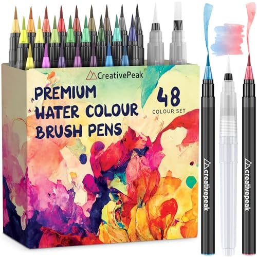 Creativepeak Aquarell-Pinselstifte, 48 lebendige Farbmarker mit weicher Spitze und 2 Mischpinseln, Aquarell-Pinselstift-Set für Kalligraphie und Beschriftung