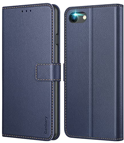 Ganbary Case Compatible with iPhone SE 2022/2020/8/7, Premium PU Leather Flip Wallet Case [Full Protection] [Card Slots] [Kickstand], Dark Blue