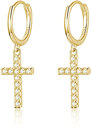 925 Sterling Silber Creolen mit Anhänger 14K Vergoldet I Ohrringe für Damen, Mädchen und Frauen I Kreolen hängend mit Steinen und Kreuz (Gold)