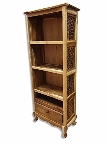 Kinaree Suar Holz Bücherregal BO SANG IV - Akazie Massivholz Regal - 165cm Regal mit Kachel Schnitzerei und Schublade (Natur)