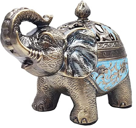 Hourwof Porta incenso in metallo, a forma di elefante, vintage, con coperchio, portacenere, ornamento per aromaterapia, decorazione per casa e ufficio (azzurro)